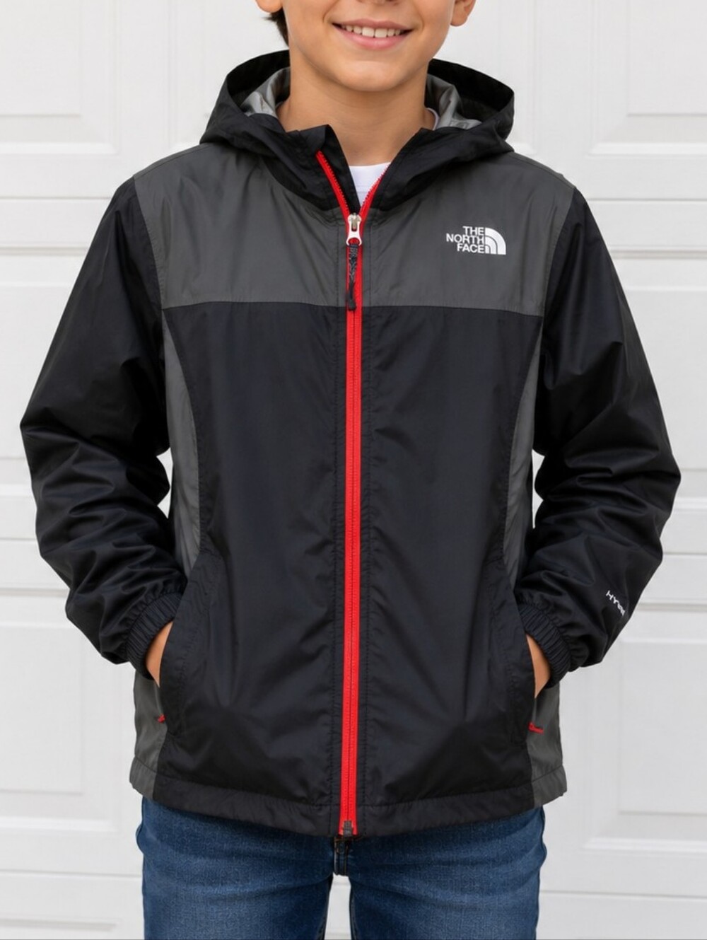 The North Face Men's Black & Gray Hooded Rain Jacket with Red Zipper